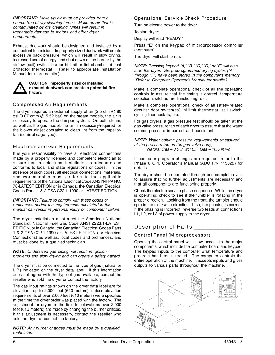 ADC ML-190, ML-175 service manual Description of Parts, Compressed Air Requirements, Electrical and Gas Requirements 