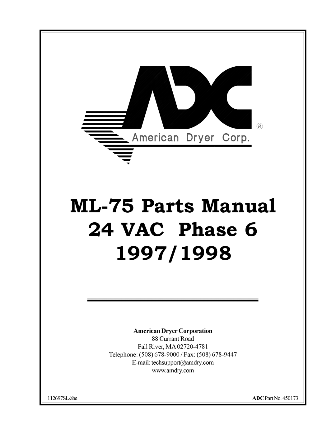 ADC ML-75 manual VAC Phase, American Dryer Corporation 