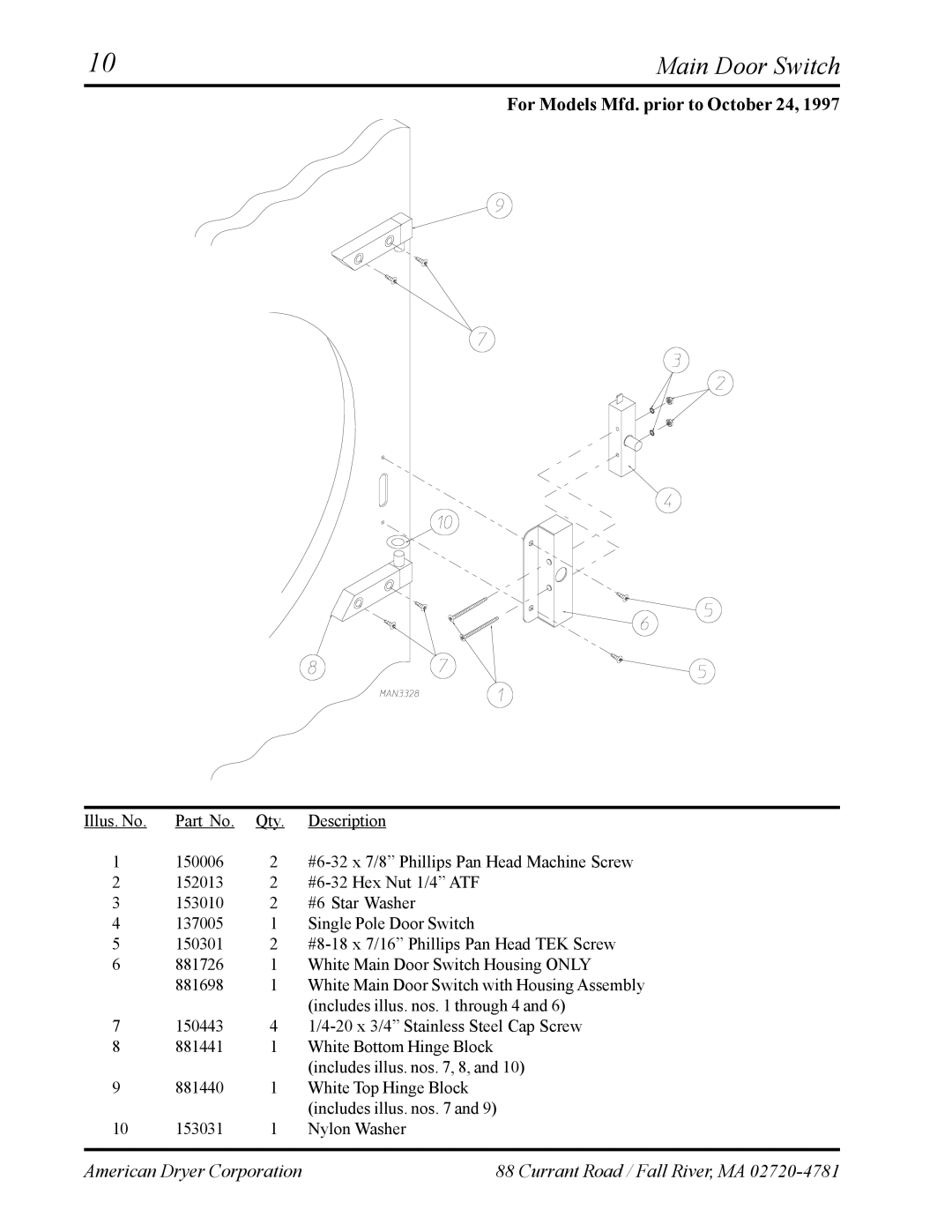 ADC ML-75 manual Main Door Switch 