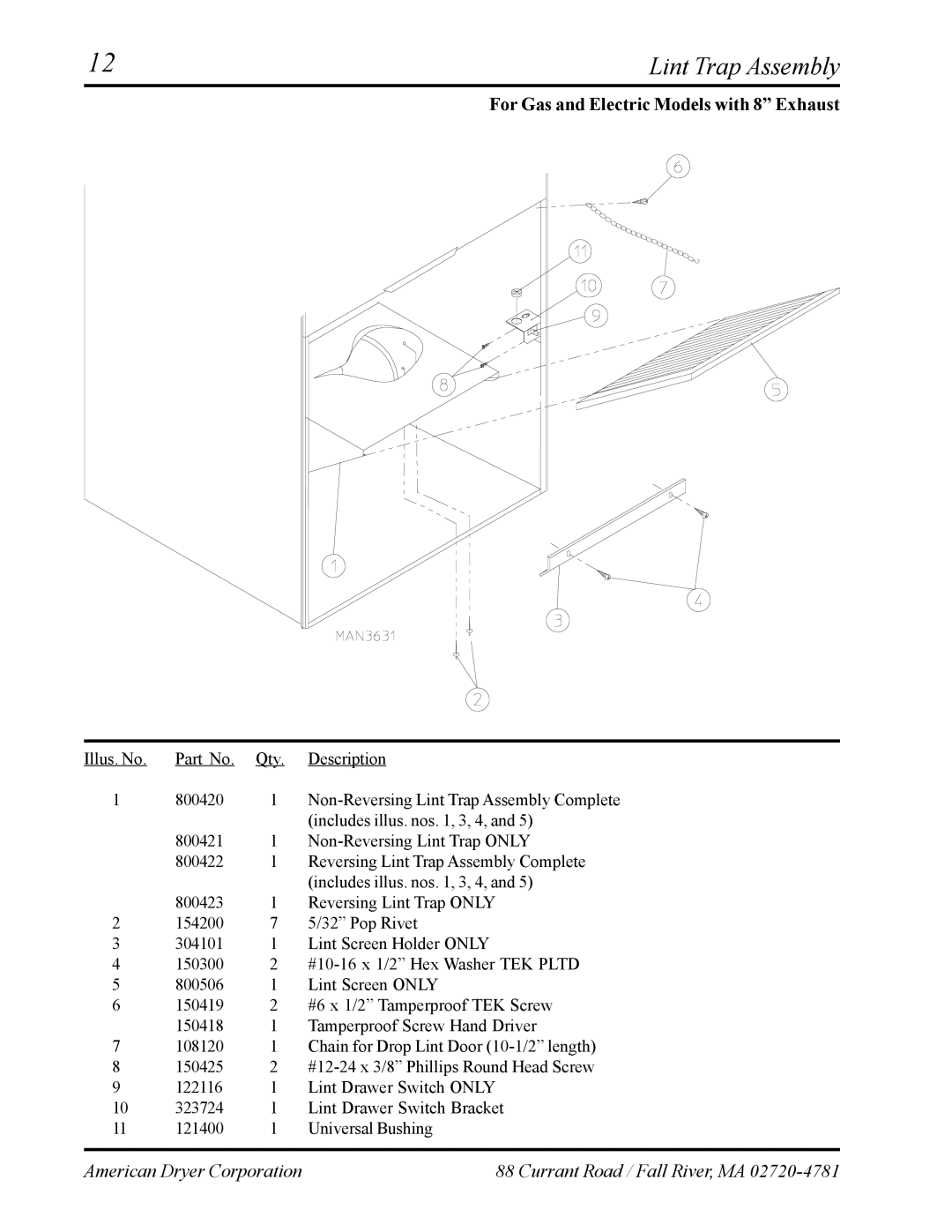 ADC ML-75 manual Lint Trap Assembly, For Gas and Electric Models with 8 Exhaust 