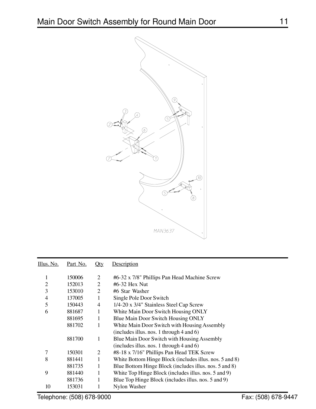 ADC ML-78 manual Main Door Switch Assembly for Round Main Door 