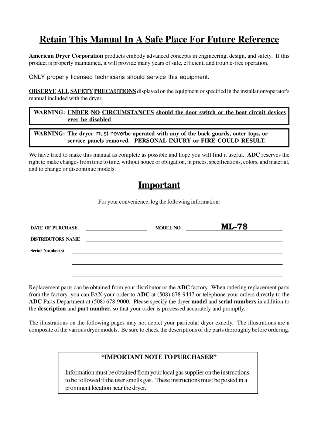 ADC ML-78 manual Retain This Manual In a Safe Place For Future Reference 