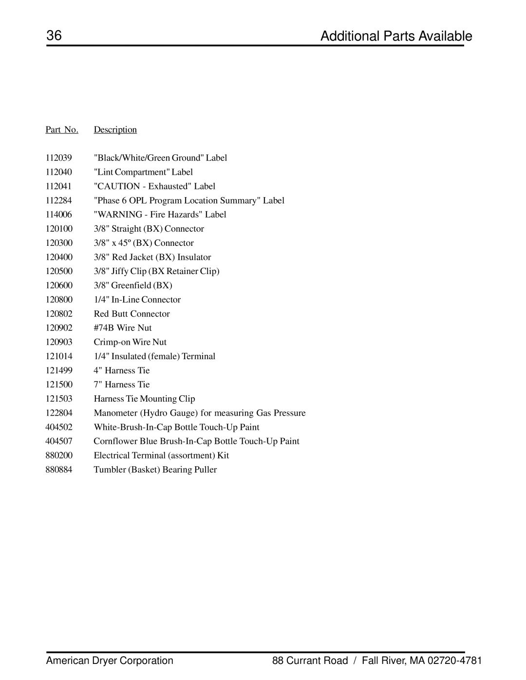 ADC ML-78 manual Additional Parts Available 