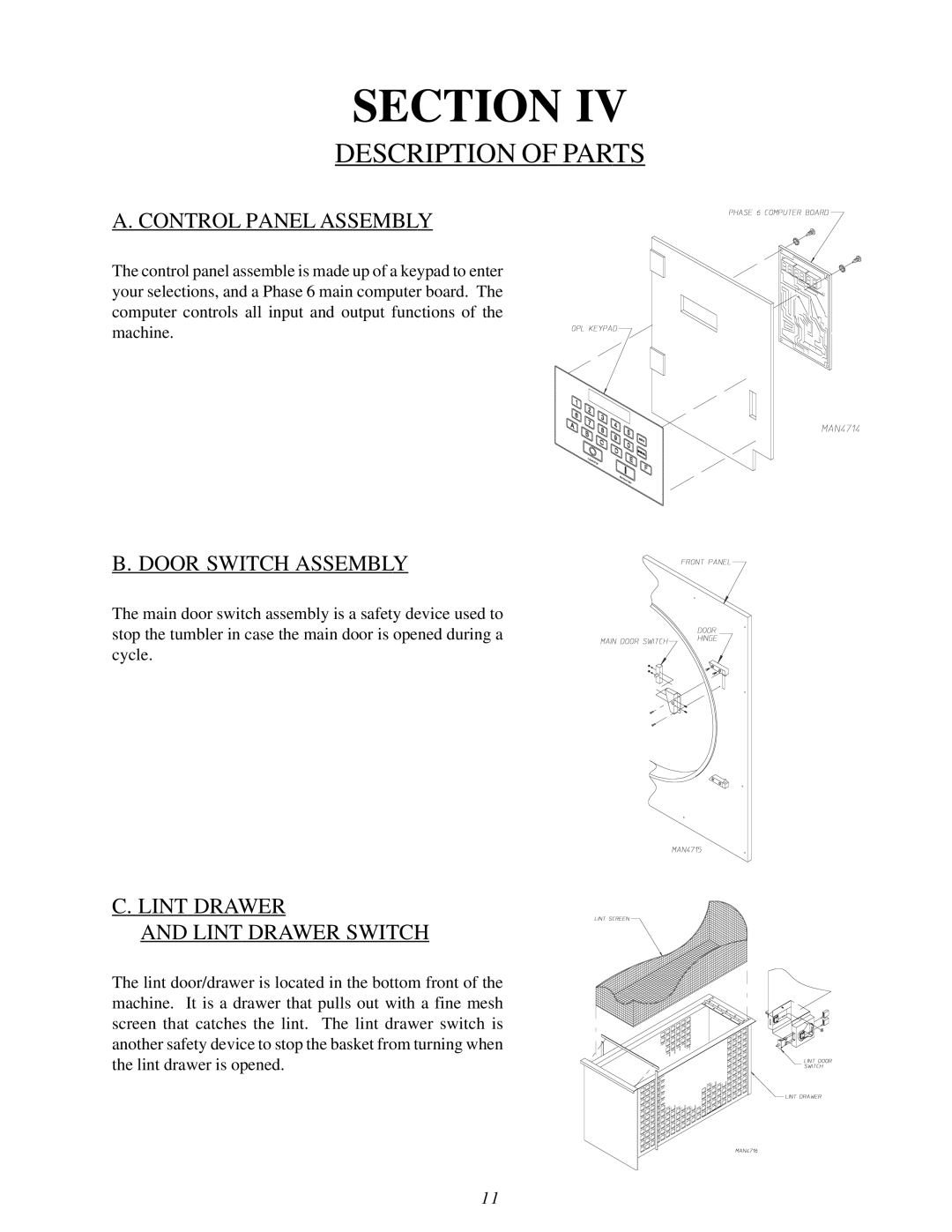 ADC ML-82 service manual Description of Parts, Control Panel Assembly, Door Switch Assembly, Lint Drawer Lint Drawer Switch 