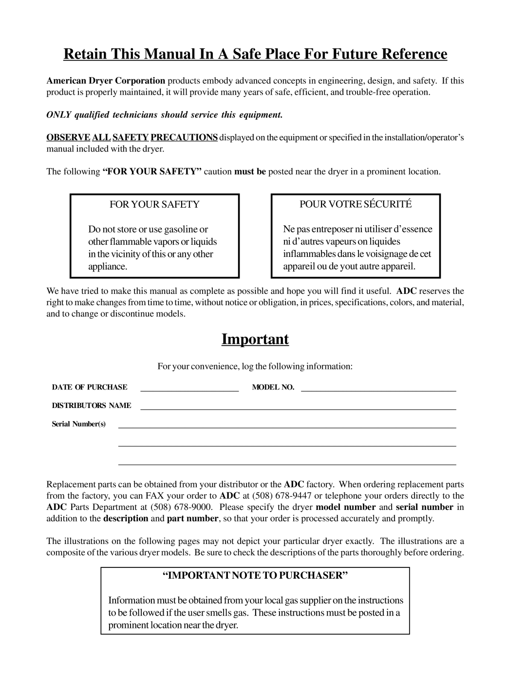 ADC ML-82 service manual Retain This Manual In a Safe Place For Future Reference 