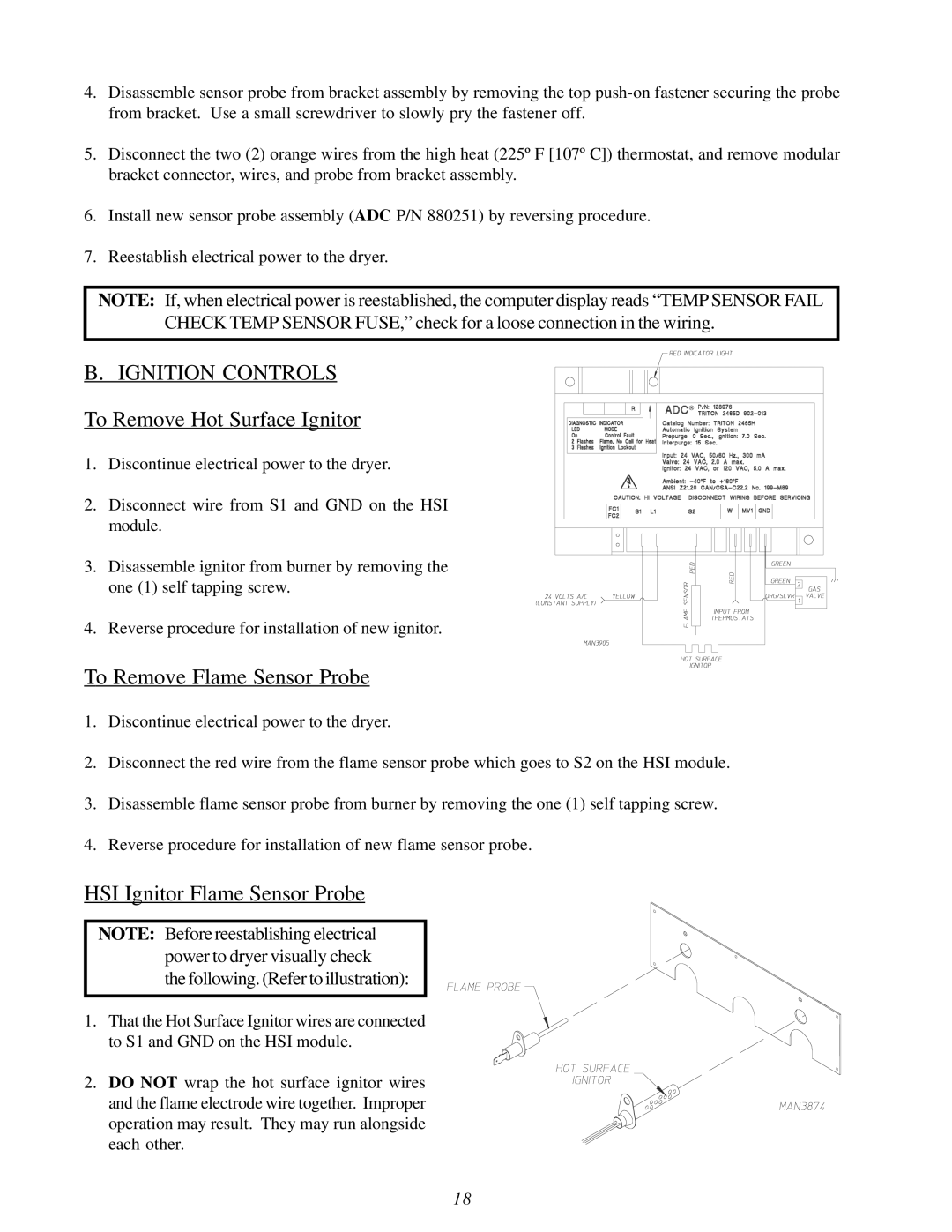ADC ML-82 Ignition Controls, To Remove Hot Surface Ignitor, To Remove Flame Sensor Probe, HSI Ignitor Flame Sensor Probe 