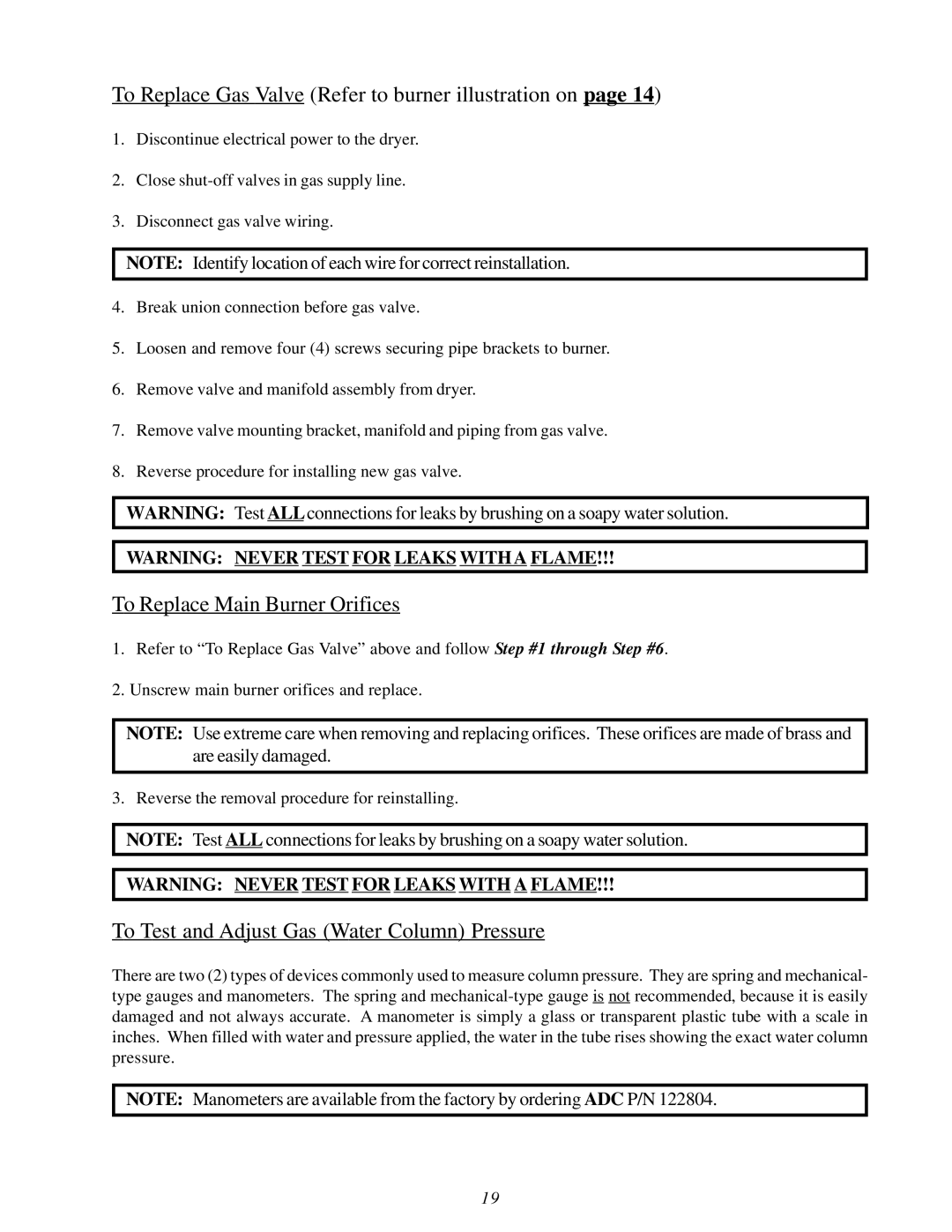 ADC ML-82 service manual To Replace Gas Valve Refer to burner illustration on, To Replace Main Burner Orifices 