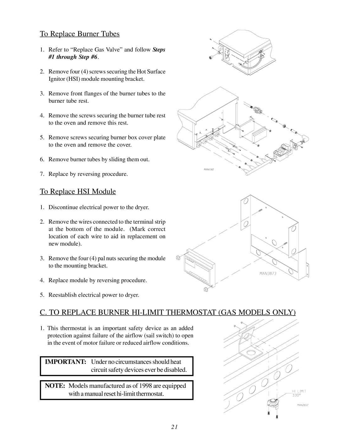 ADC ML-82 To Replace Burner Tubes, To Replace HSI Module, To Replace Burner HI-LIMIT Thermostat GAS Models only 