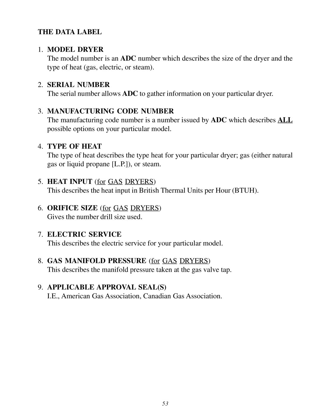 ADC ML-82 service manual Data Label Model Dryer, American Gas Association, Canadian Gas Association 