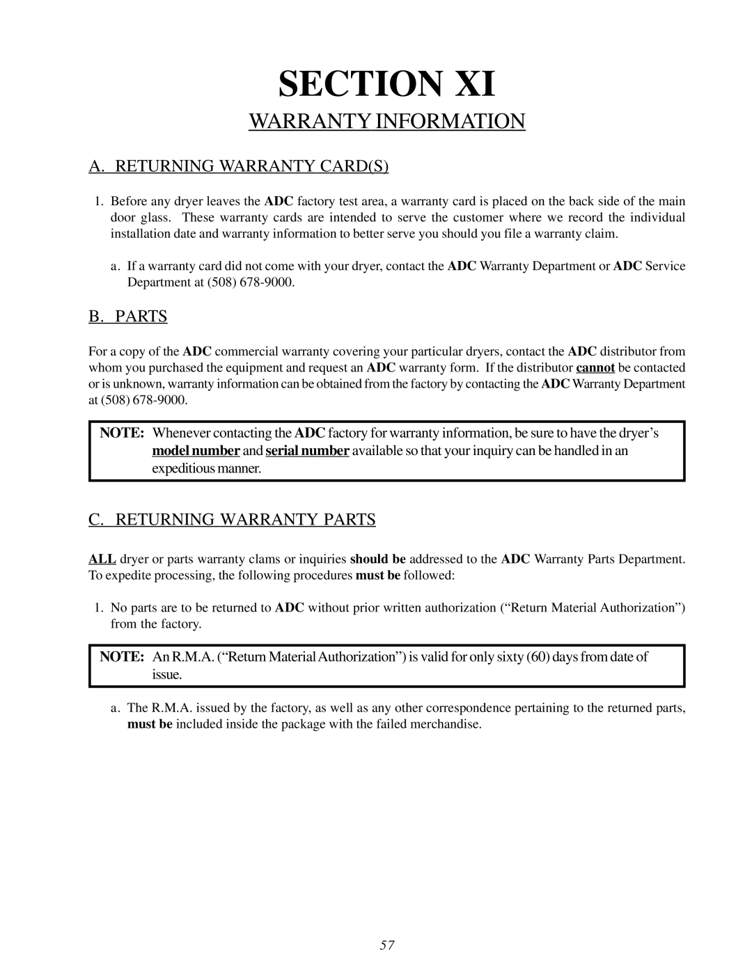 ADC ML-82 service manual Warranty Information, Returning Warranty Cards, Returning Warranty Parts 