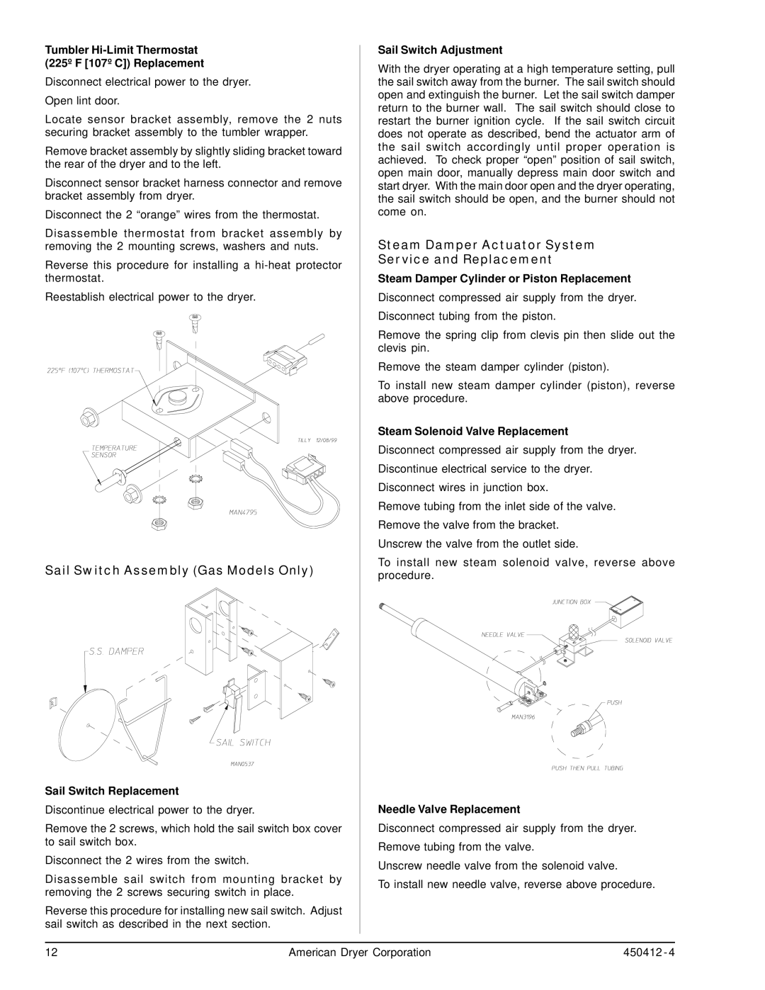 ADC ML-96, ML-122 service manual Sail Switch Assembly Gas Models Only, Steam Damper Actuator System Service and Replacement 