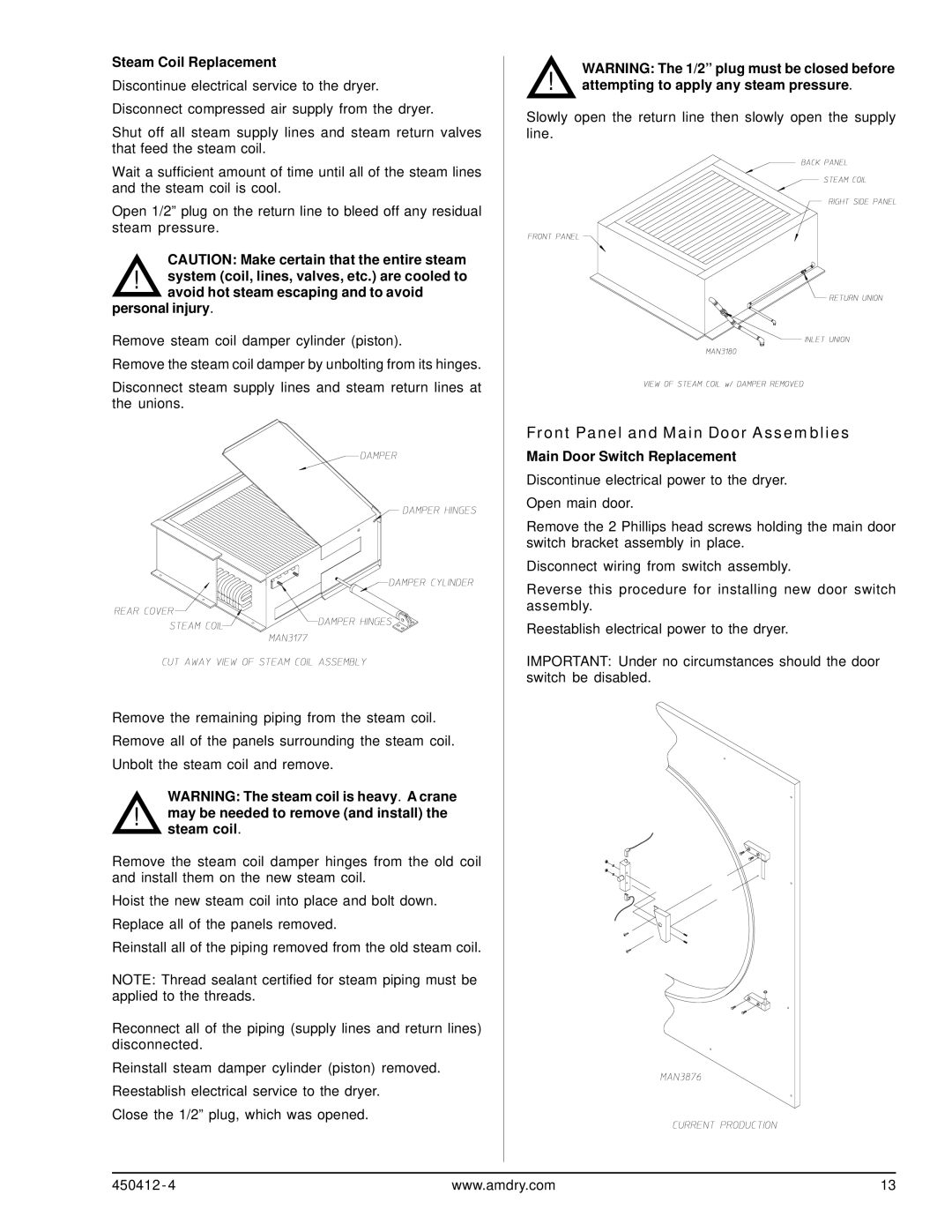 ADC ML-122, ML-96 service manual Front Panel and Main Door Assemblies, Steam Coil Replacement, Main Door Switch Replacement 