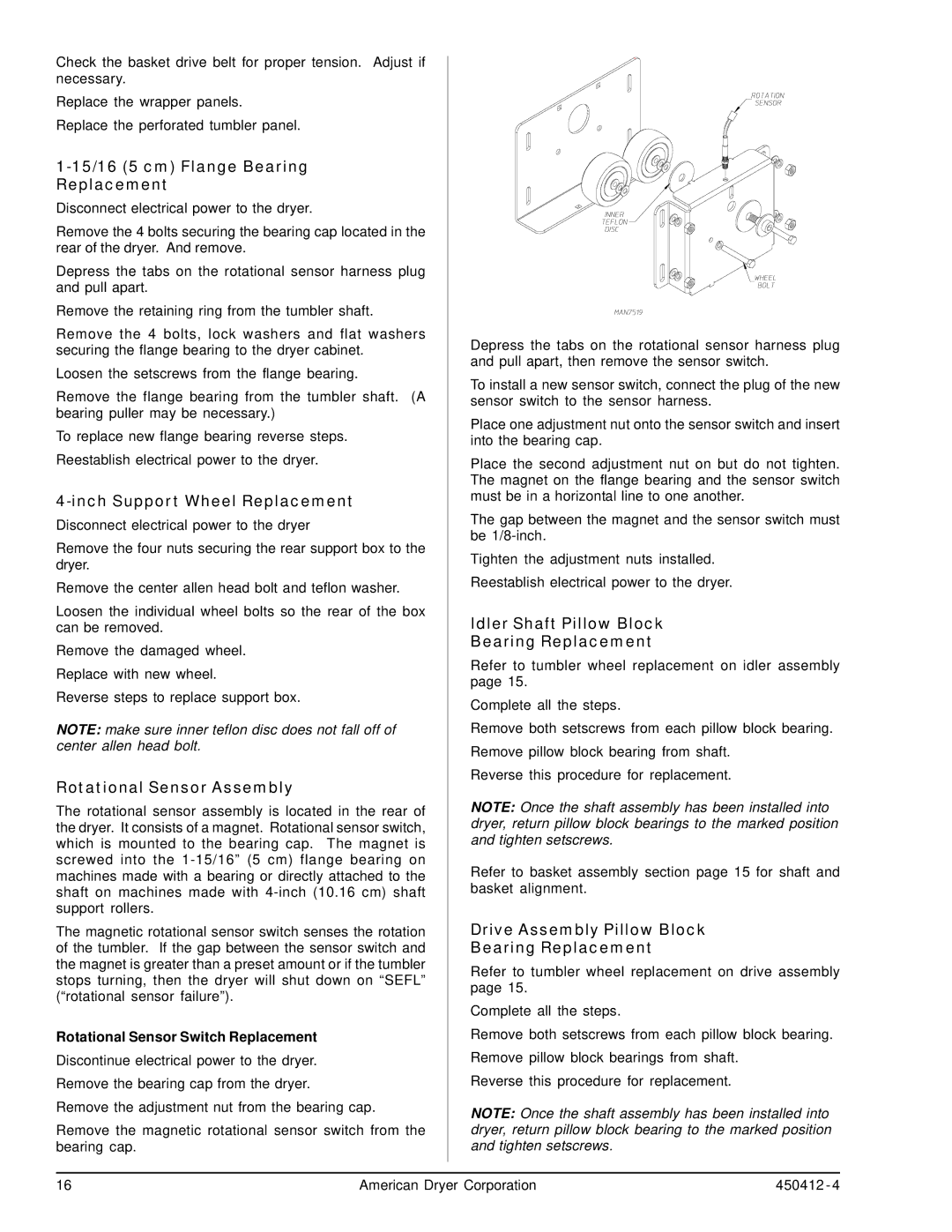 ADC ML-96, ML-122 15/16 5 cm Flange Bearing Replacement, Inch Support Wheel Replacement, Rotational Sensor Assembly 