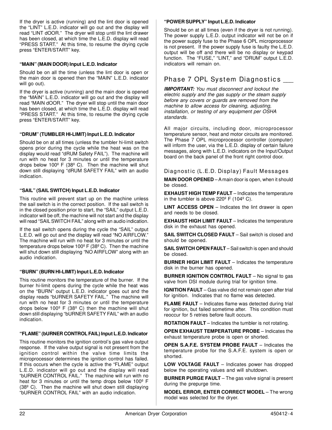 ADC ML-96, ML-122 service manual Phase 7 OPL System Diagnostics, Diagnostic L.E.D. Display Fault Messages 