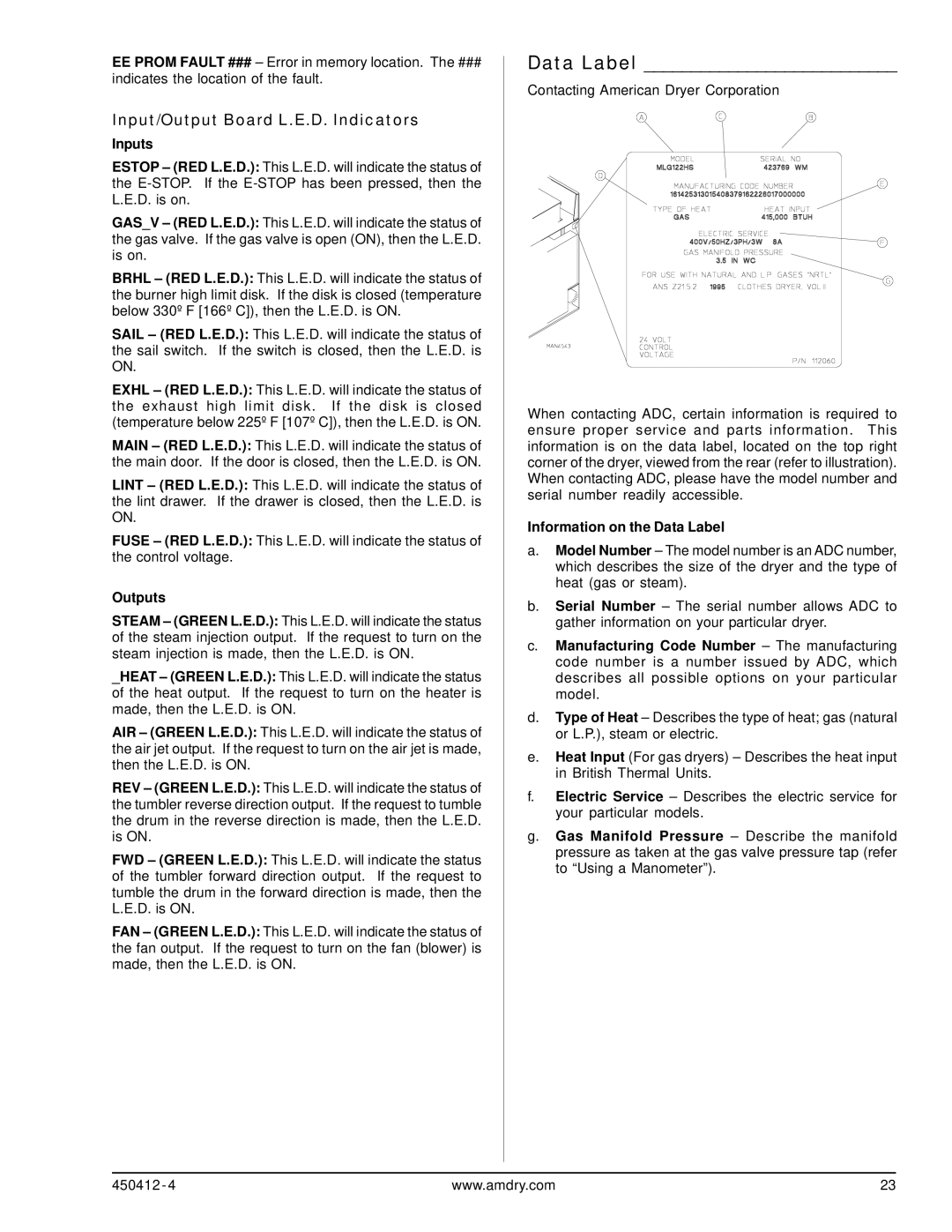 ADC ML-122, ML-96 service manual Input/Output Board L.E.D. Indicators, Inputs, Outputs, Information on the Data Label 