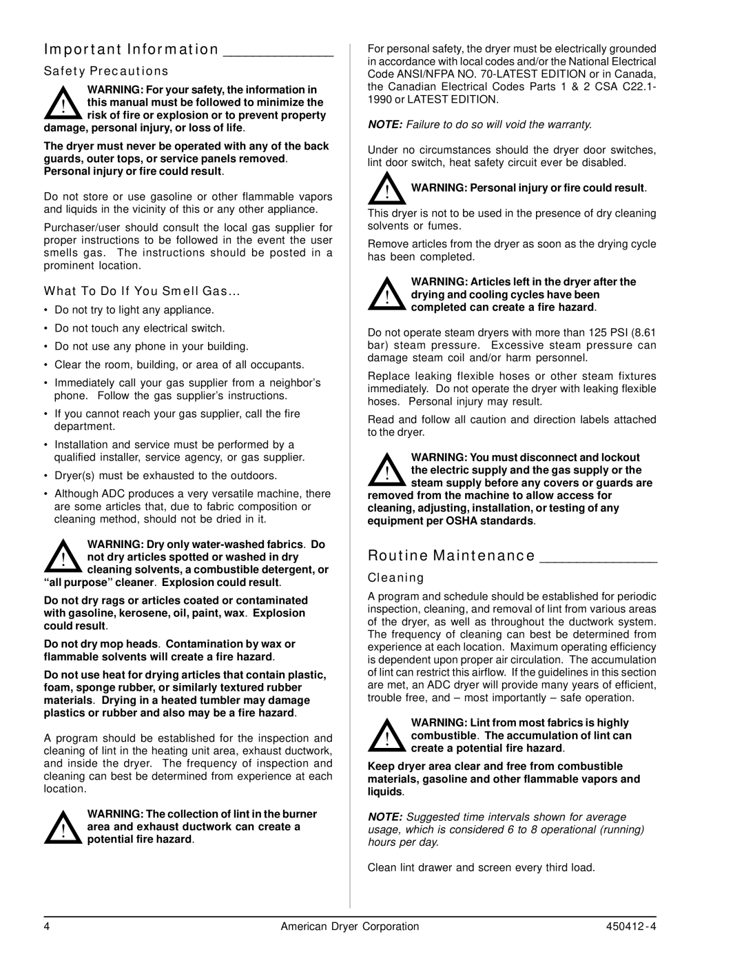 ADC ML-96, ML-122 Important Information, Routine Maintenance, Safety Precautions, What To Do If You Smell Gas, Cleaning 