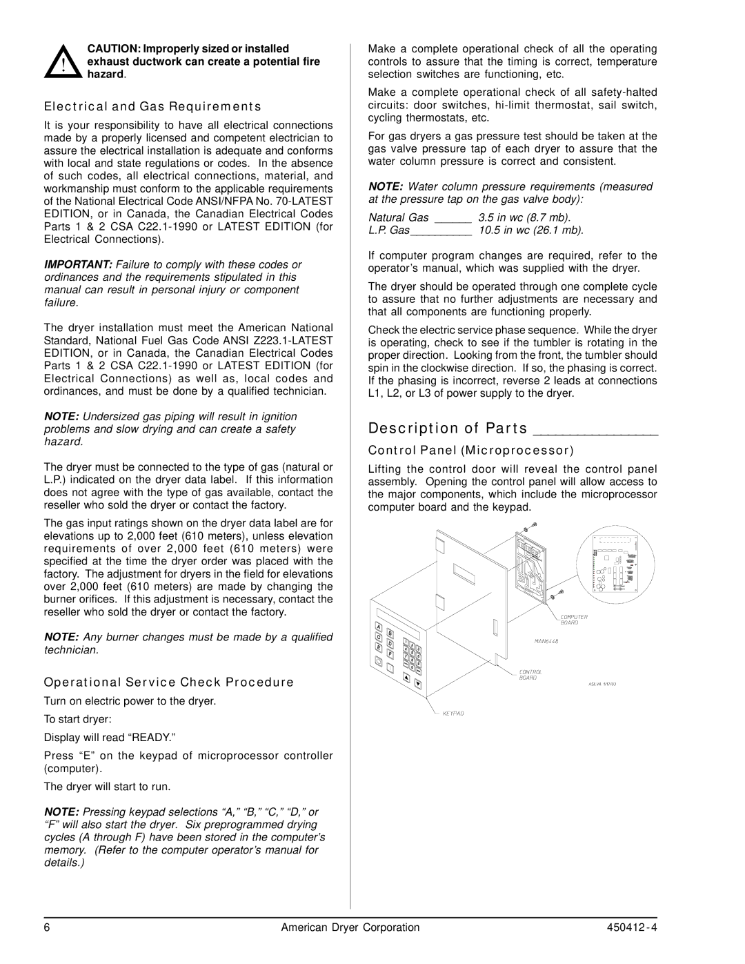 ADC ML-96, ML-122 service manual Description of Parts, Electrical and Gas Requirements, Operational Service Check Procedure 