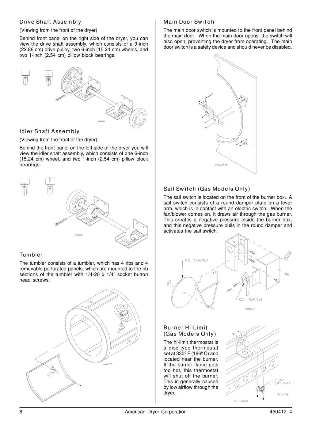 ADC ML-96, ML-122 Drive Shaft Assembly, Idler Shaft Assembly, Tumbler, Main Door Switch, Sail Switch Gas Models Only 