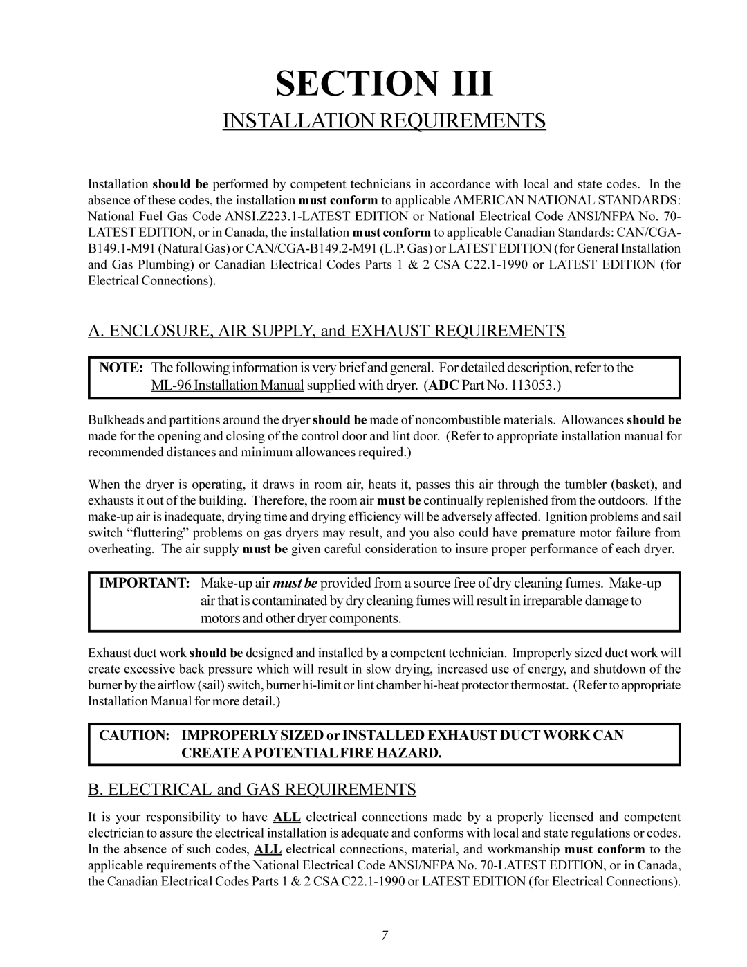 ADC ML-96 Installation Requirements, ENCLOSURE, AIR SUPPLY, and Exhaust Requirements, Electrical and GAS Requirements 