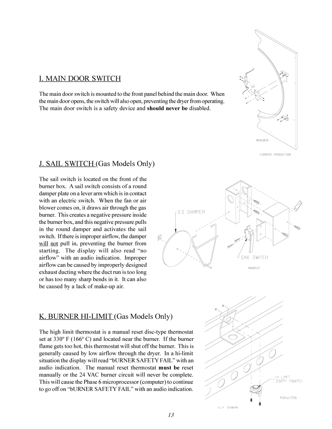 ADC ML-96 service manual Main Door Switch, Sail Switch Gas Models Only, Burner HI-LIMIT Gas Models Only 