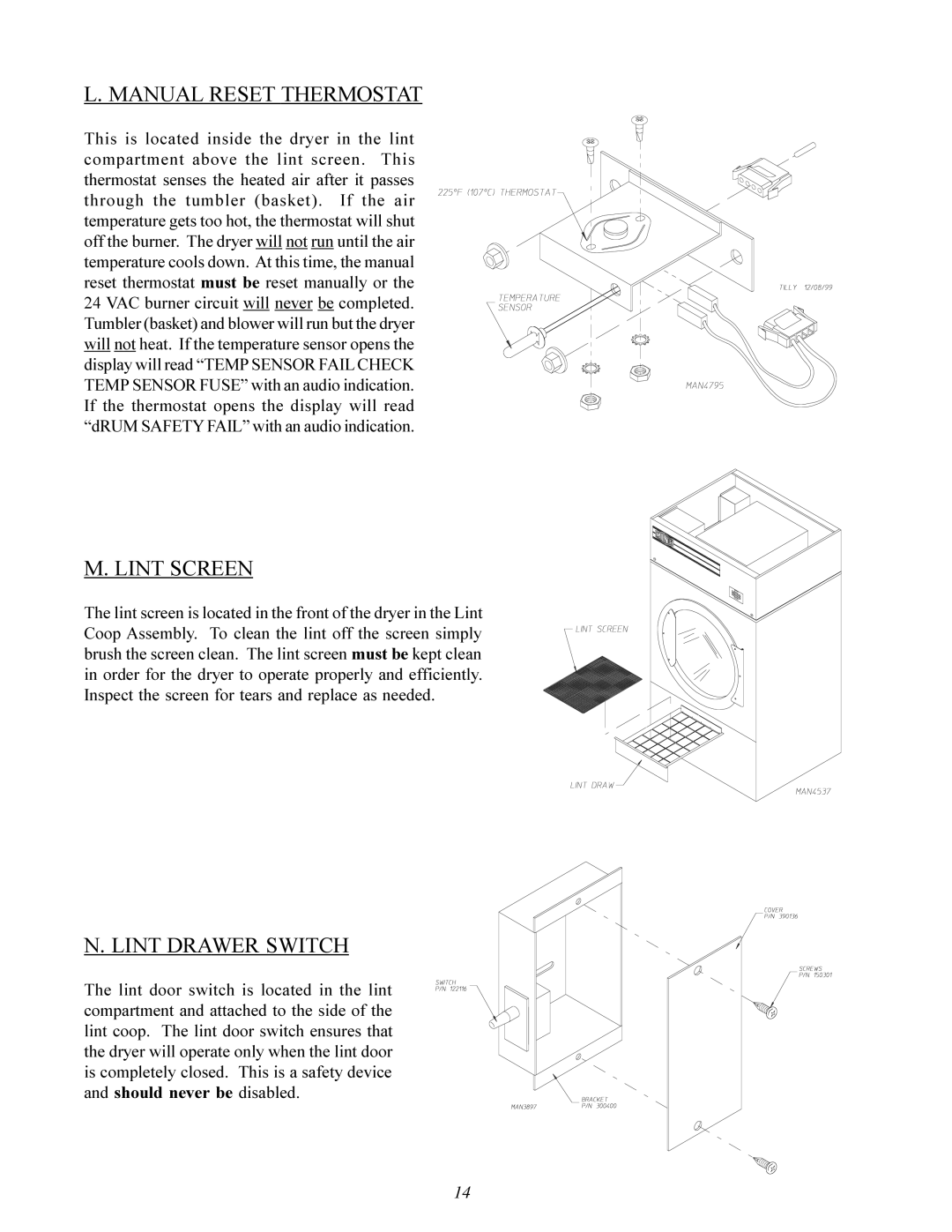 ADC ML-96 service manual Manual Reset Thermostat, Lint Screen, Lint Drawer Switch 