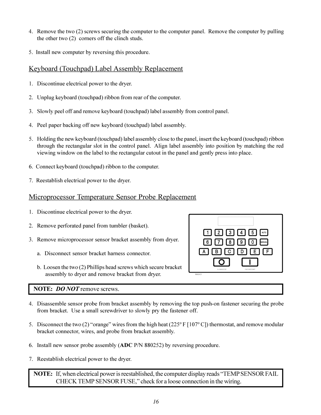 ADC ML-96 service manual Keyboard Touchpad Label Assembly Replacement, Microprocessor Temperature Sensor Probe Replacement 