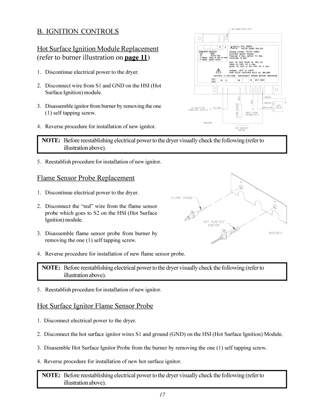 ADC ML-96 service manual Ignition Controls, Flame Sensor Probe Replacement, Hot Surface Ignitor Flame Sensor Probe 