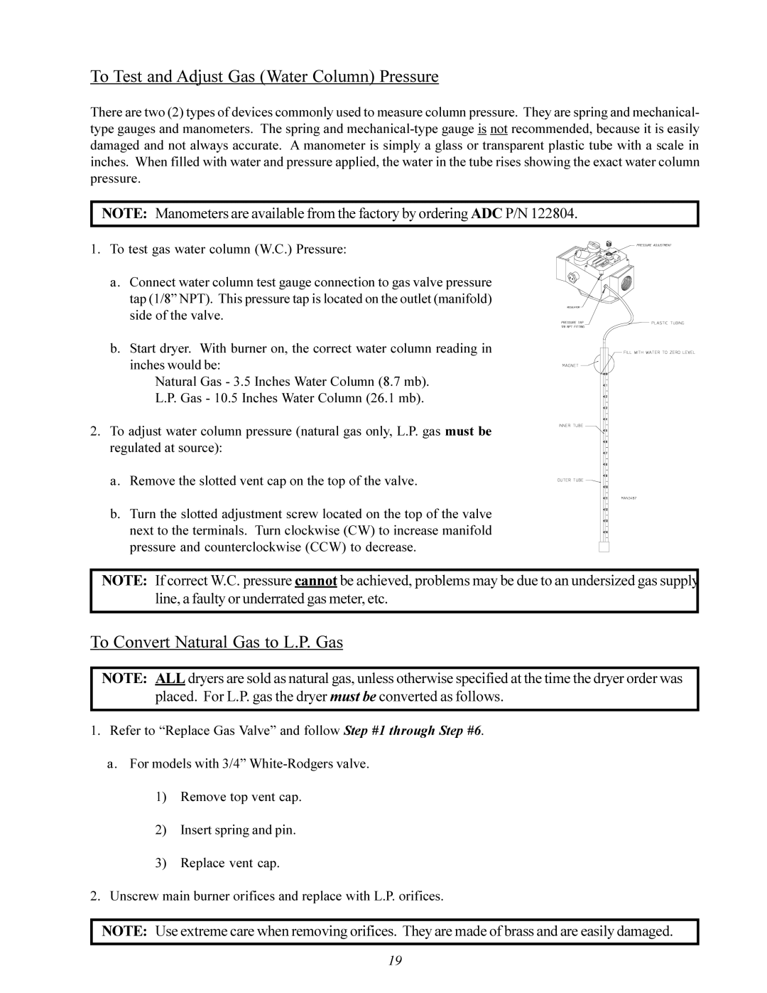 ADC ML-96 service manual To Test and Adjust Gas Water Column Pressure, To Convert Natural Gas to L.P. Gas 