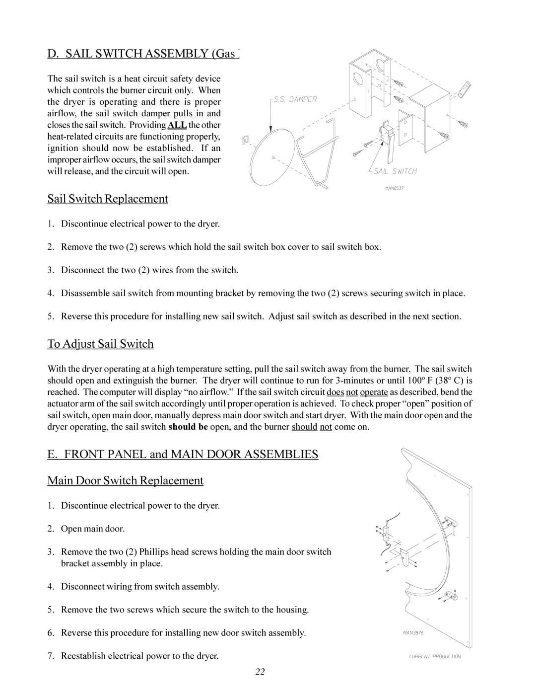 ADC ML-96 service manual Sail Switch Assembly Gas Models Only, Sail Switch Replacement, To Adjust Sail Switch 