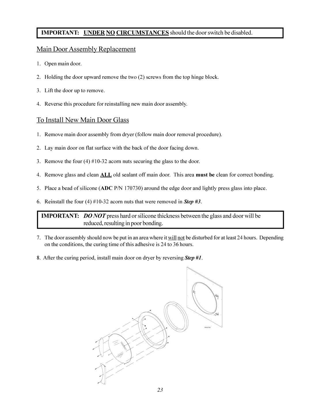 ADC ML-96 service manual Main Door Assembly Replacement, To Install New Main Door Glass 