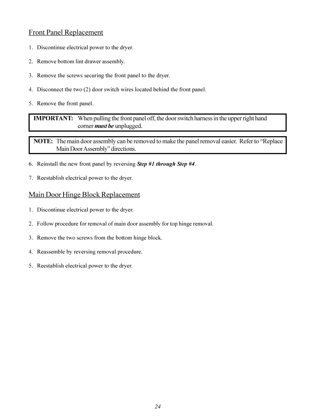 ADC ML-96 service manual Front Panel Replacement, Main Door Hinge Block Replacement 