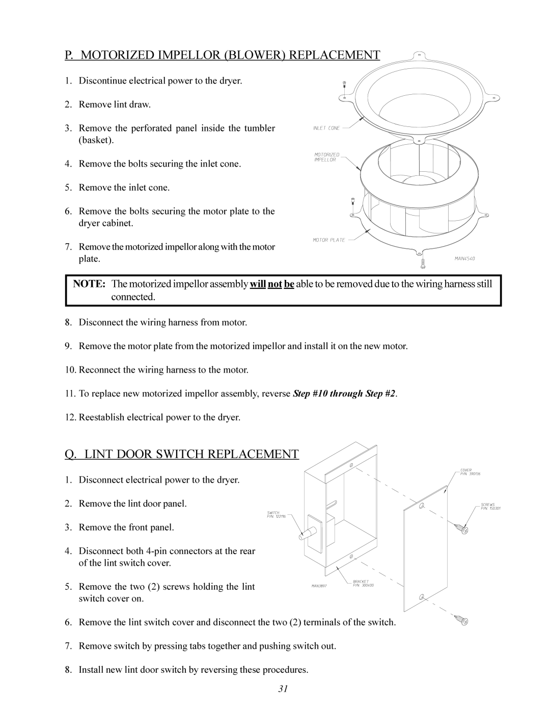 ADC ML-96 service manual Motorized Impellor Blower Replacement, Lint Door Switch Replacement 