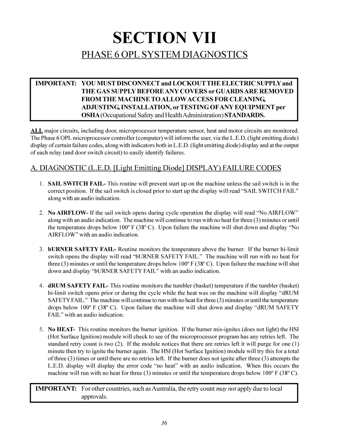 ADC ML-96 service manual Phase 6 OPL System Diagnostics, Diagnostic L.E.D. Light Emitting Diode Display Failure Codes 