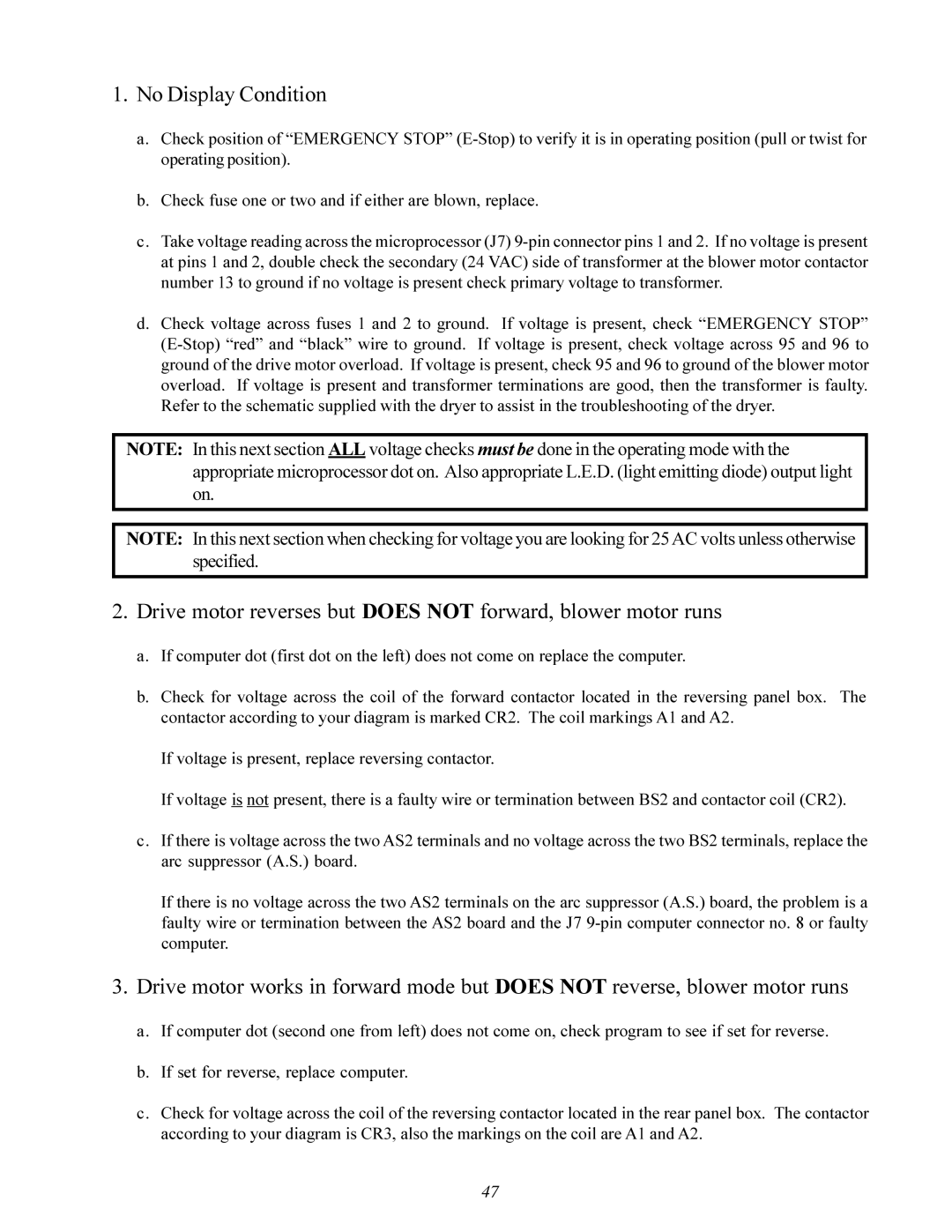 ADC ML-96 service manual No Display Condition, Drive motor reverses but does not forward, blower motor runs 