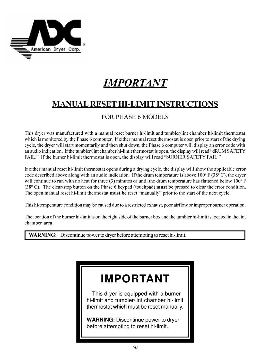 ADC ML-96 service manual Manual Reset HI-LIMIT Instructions, For Phase 6 Models 