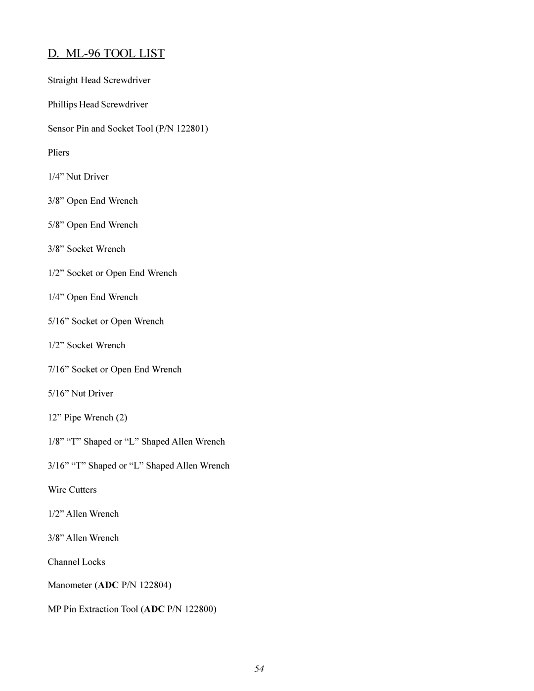 ADC service manual ML-96 Tool List 