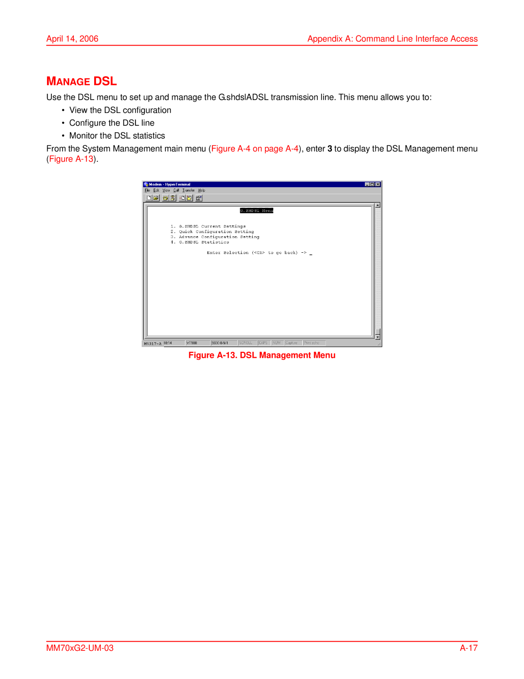 ADC MM701G2, MM702G2 user manual Manage DSL, Figure A-13. DSL Management Menu 