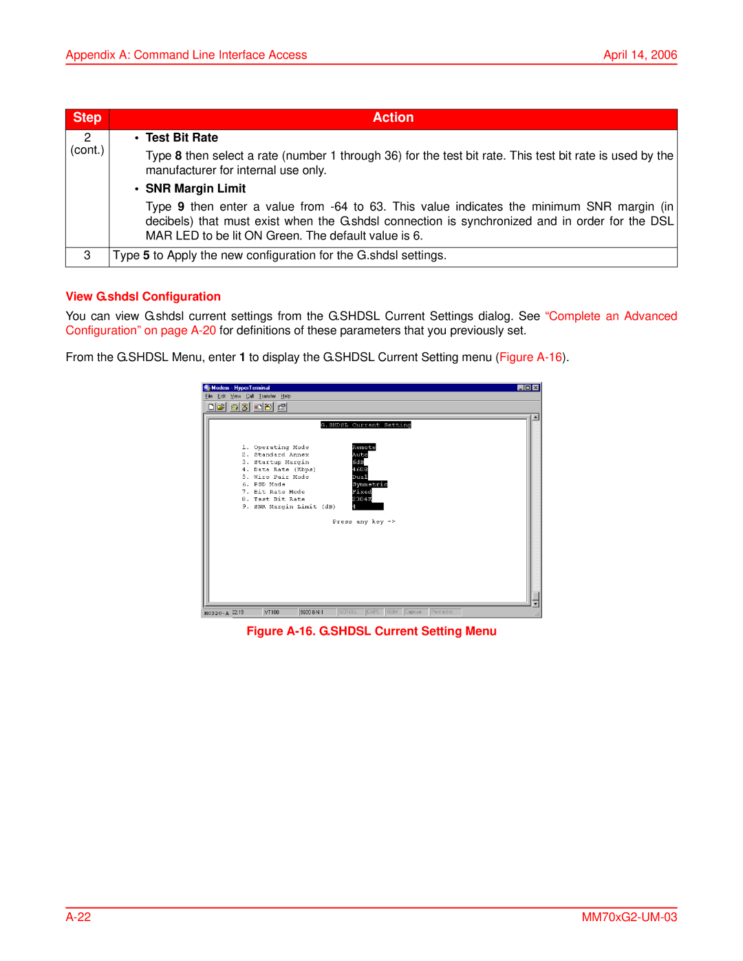 ADC MM702G2, MM701G2 user manual View G.shdsl Configuration, Figure A-16. G.SHDSL Current Setting Menu 