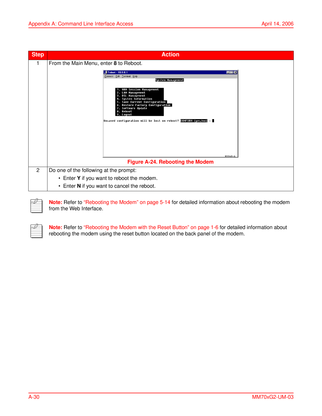 ADC MM702G2, MM701G2 user manual From the Main Menu, enter 8 to Reboot 