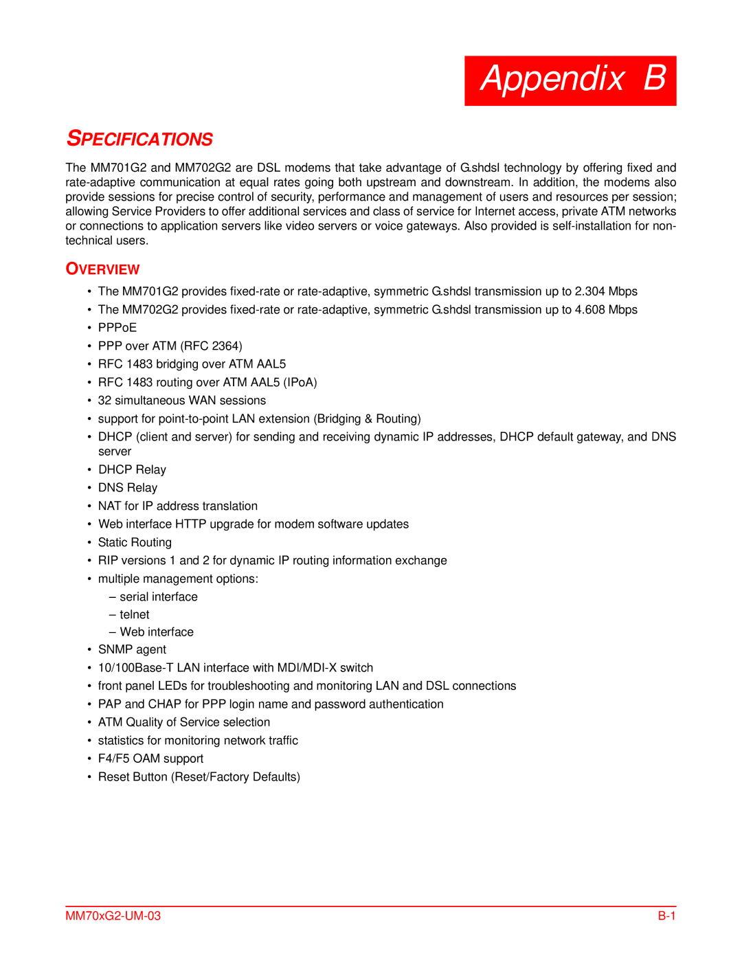 ADC MM701G2, MM702G2 user manual Appendix B, Specifications 