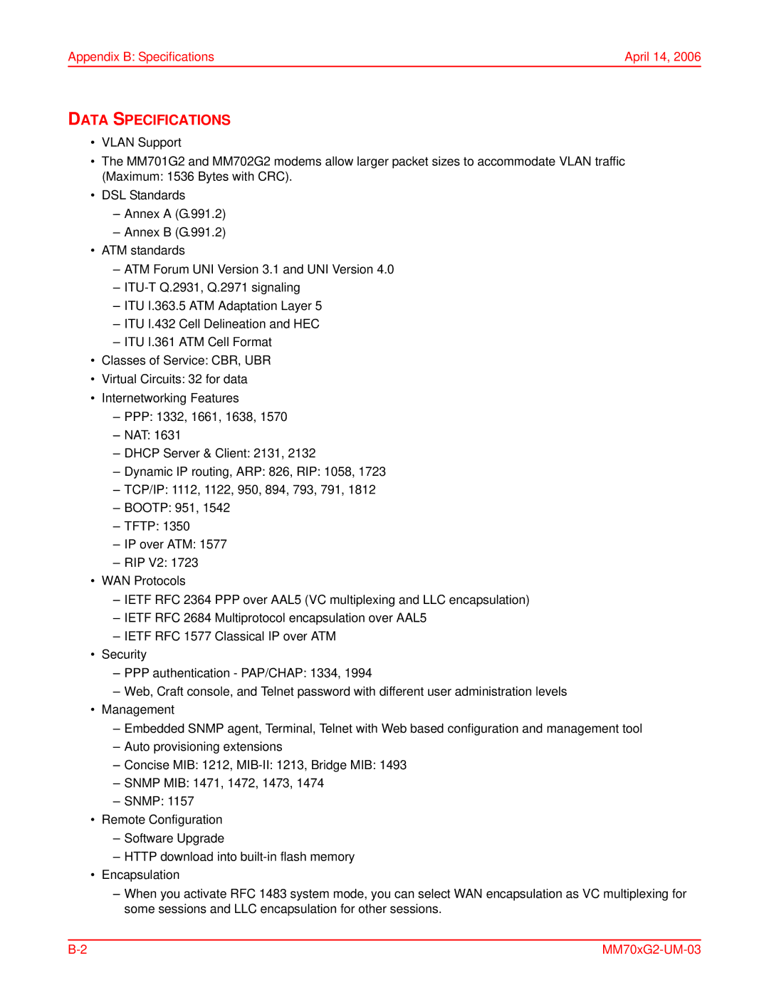 ADC MM702G2, MM701G2 user manual Data Specifications 