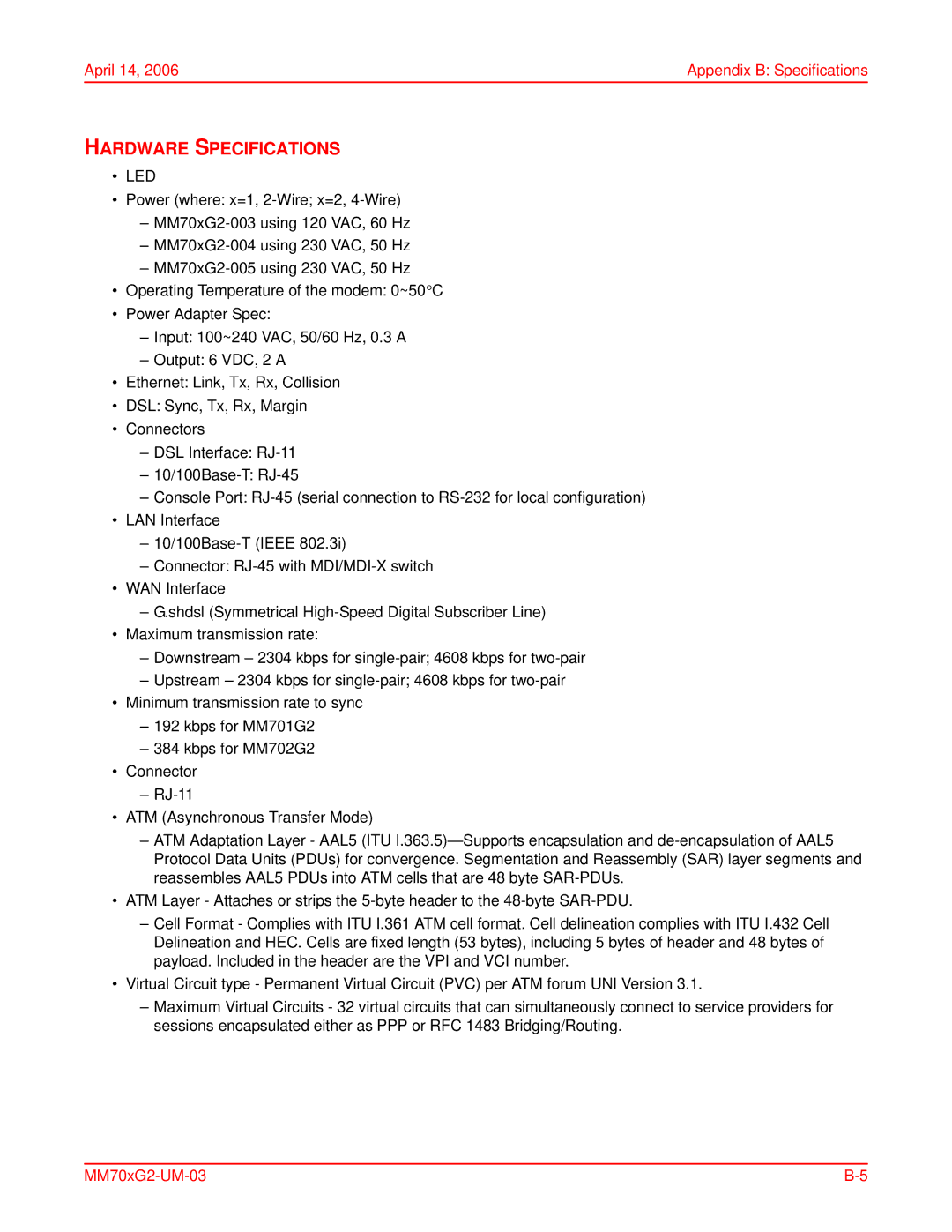 ADC MM701G2, MM702G2 user manual Hardware Specifications, Led 