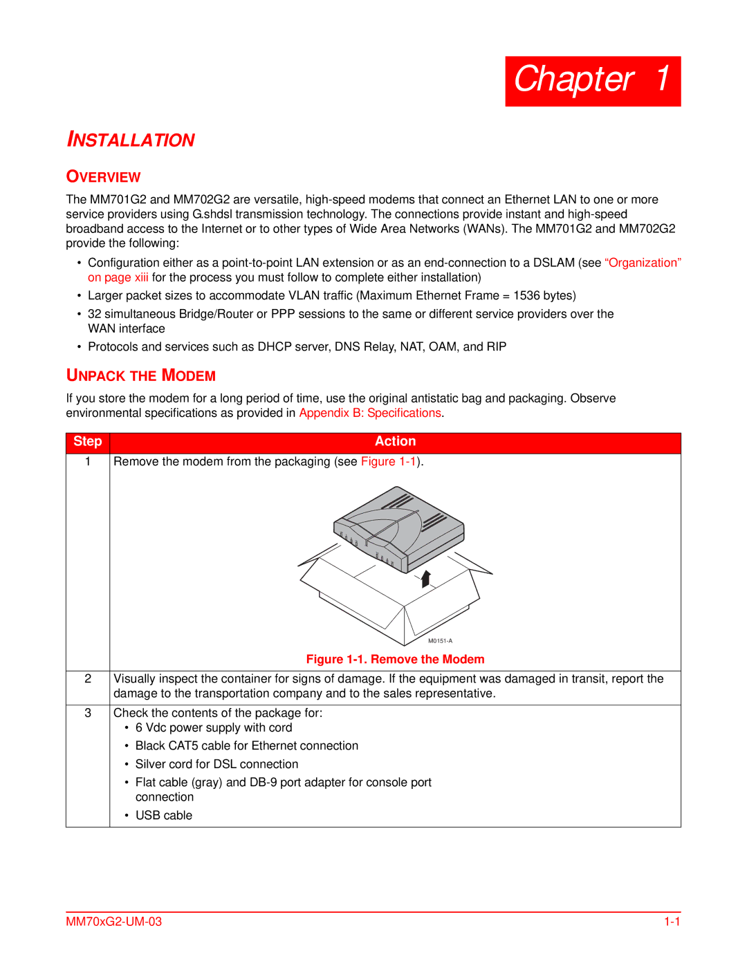 ADC MM701G2, MM702G2 user manual Installation, Overview, Unpack the Modem 