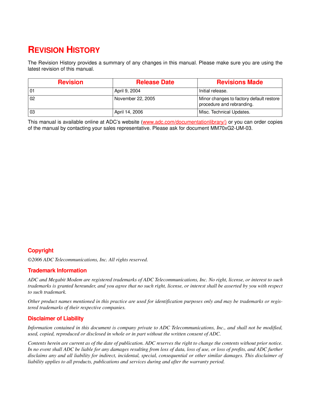 ADC MM702G2, MM701G2 user manual Revision History 