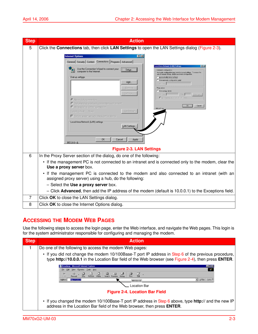 ADC MM701G2, MM702G2 user manual Accessing the Modem WEB Pages, Select the Use a proxy server box 