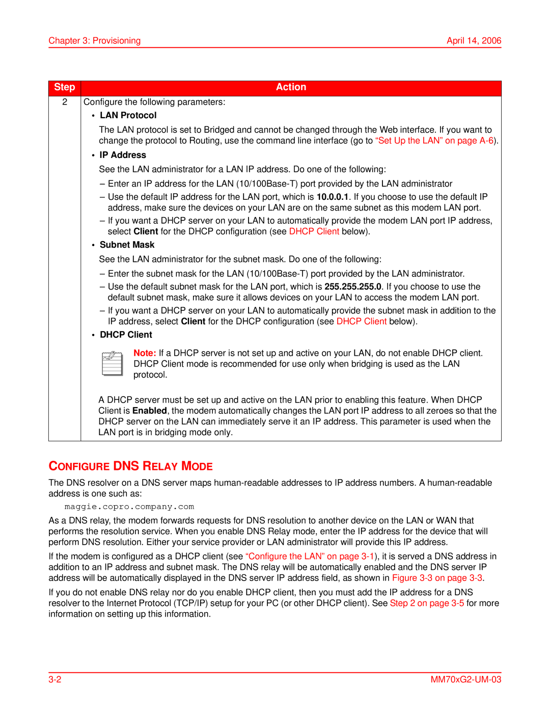 ADC MM702G2, MM701G2 user manual Configure DNS Relay Mode, LAN Protocol, IP Address, Subnet Mask, Dhcp Client 