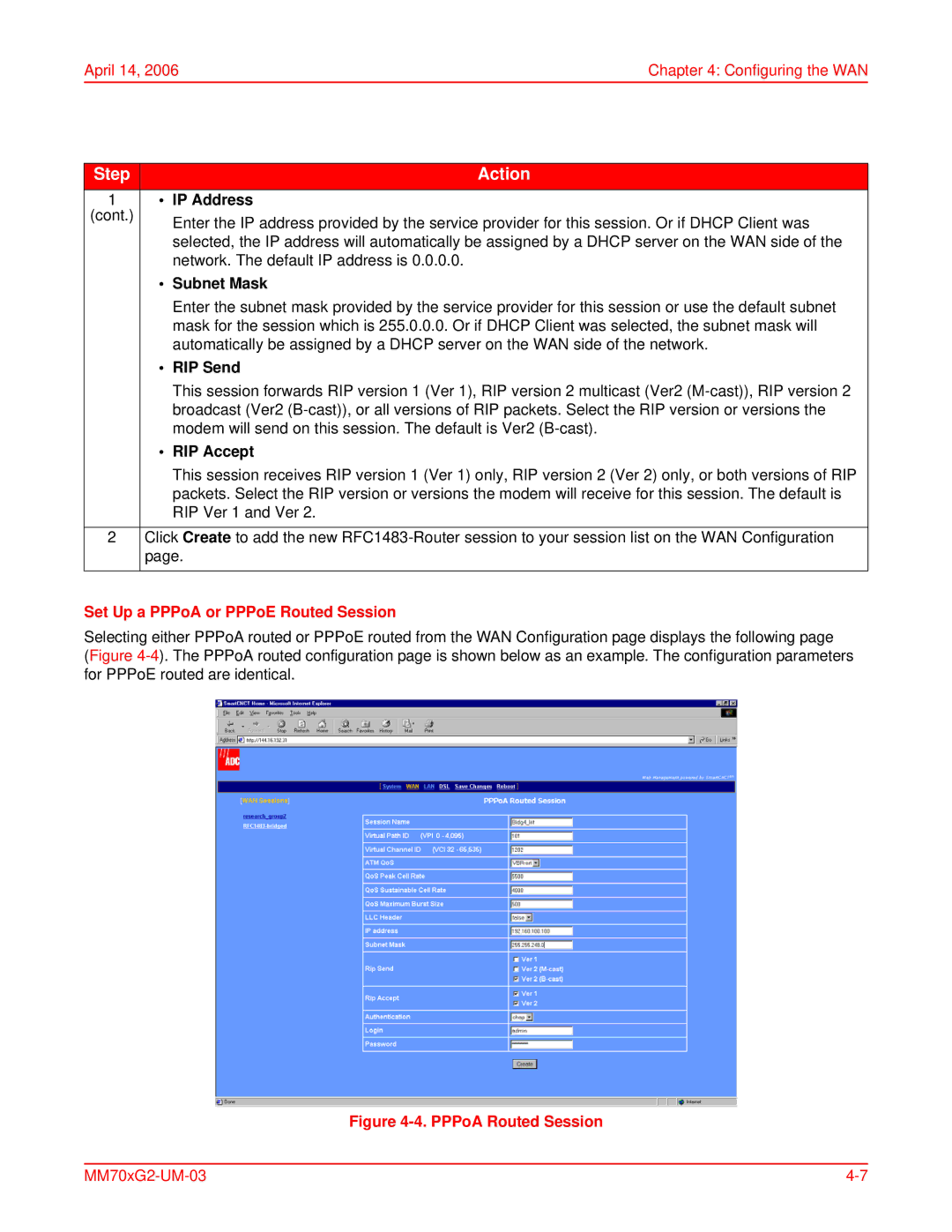 ADC MM701G2, MM702G2 user manual RIP Send, RIP Accept, Set Up a PPPoA or PPPoE Routed Session 