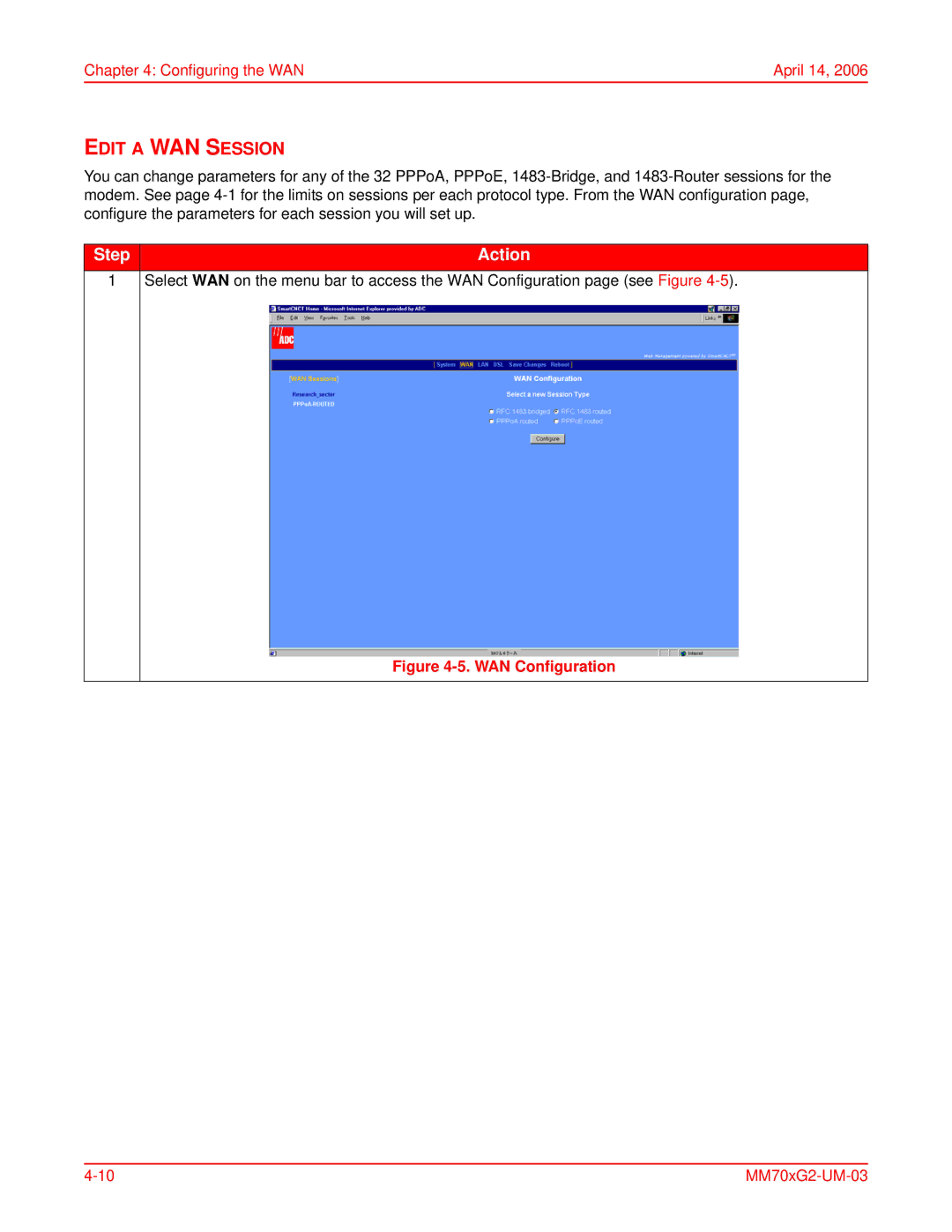 ADC MM702G2, MM701G2 user manual Edit a WAN Session, WAN Configuration 