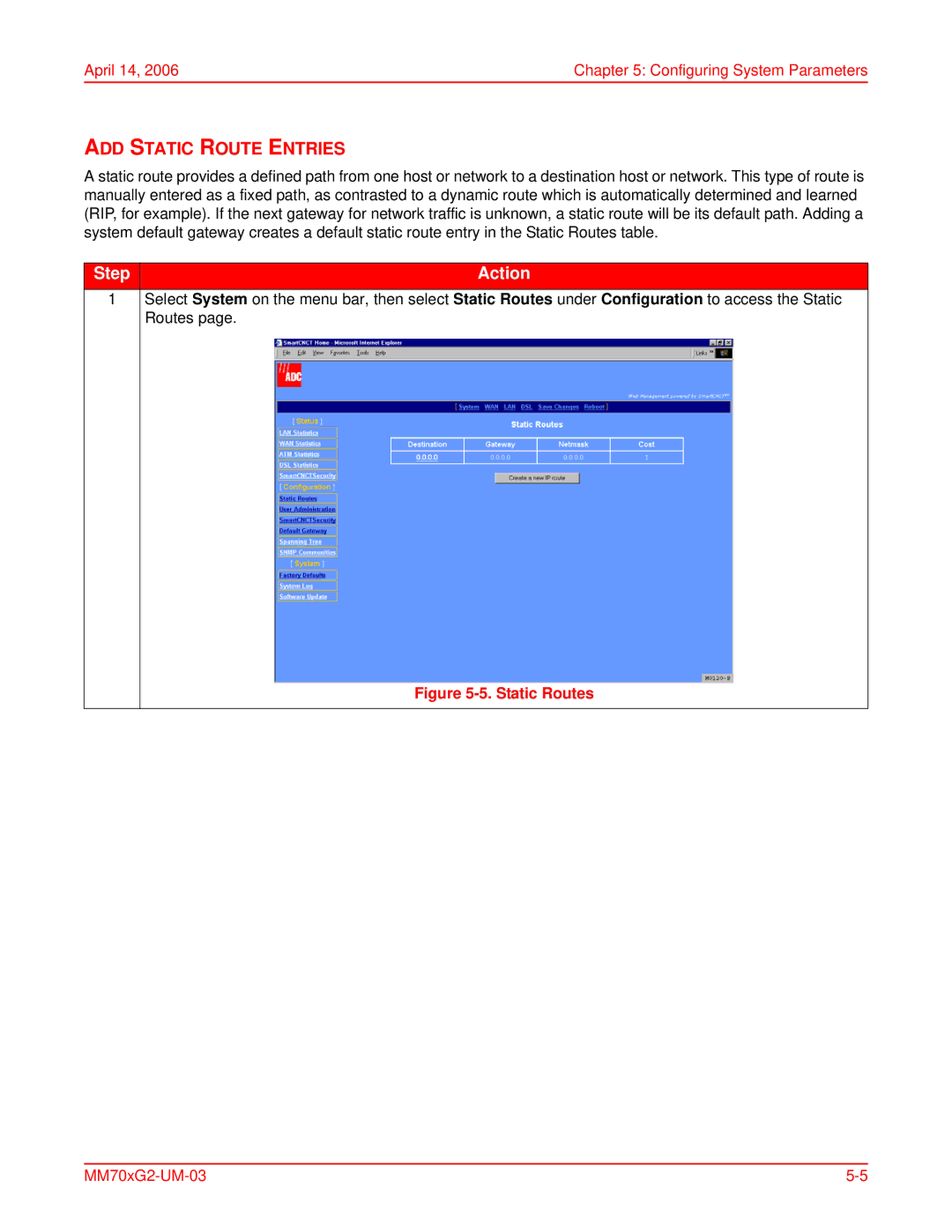 ADC MM701G2, MM702G2 user manual ADD Static Route Entries, Static Routes 