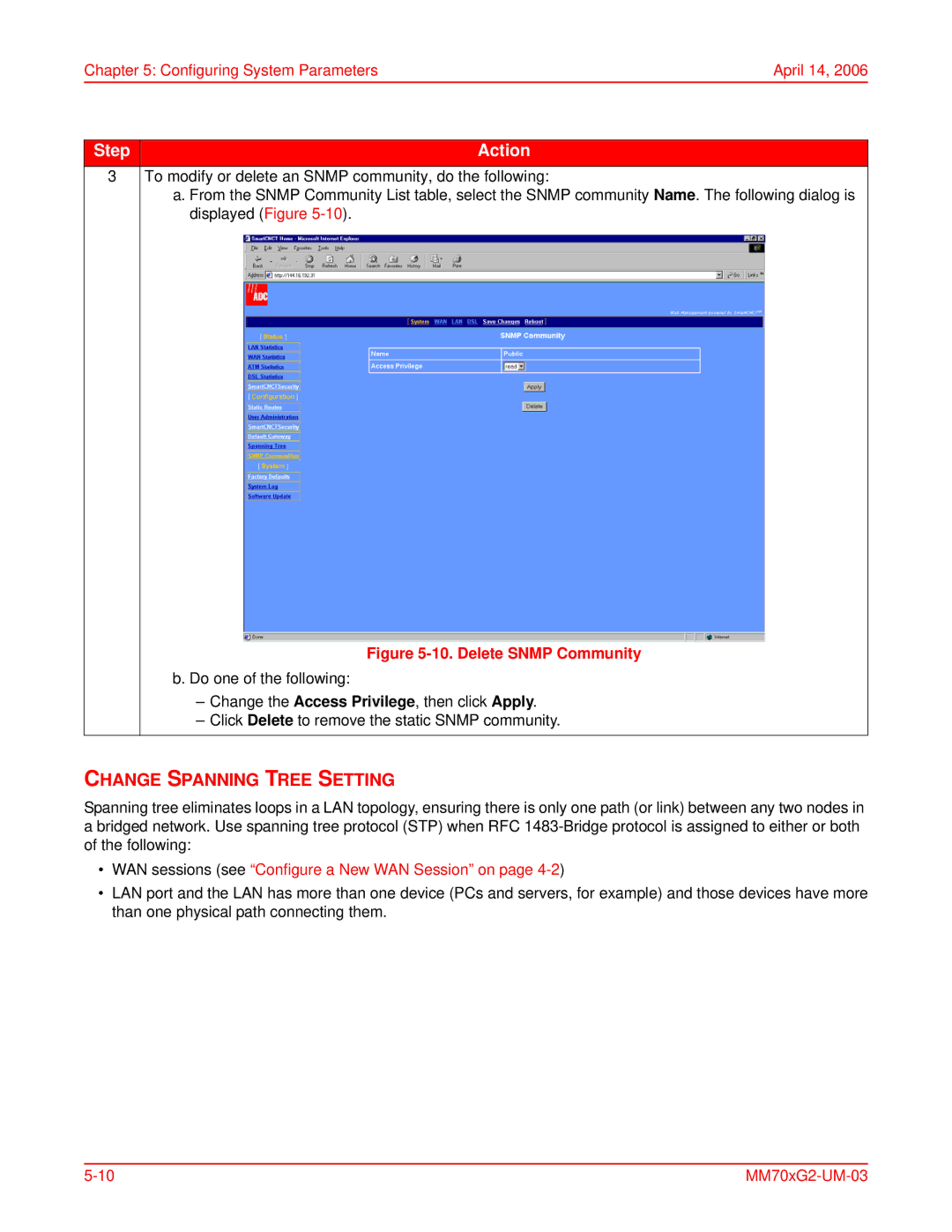 ADC MM702G2, MM701G2 user manual Change Spanning Tree Setting, Delete Snmp Community 